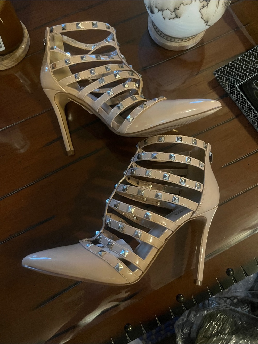LIKE NEW Mix No. 6 Nude Patent Studded Strappy Pointed-Toe Pumps - Picture 4 of 5